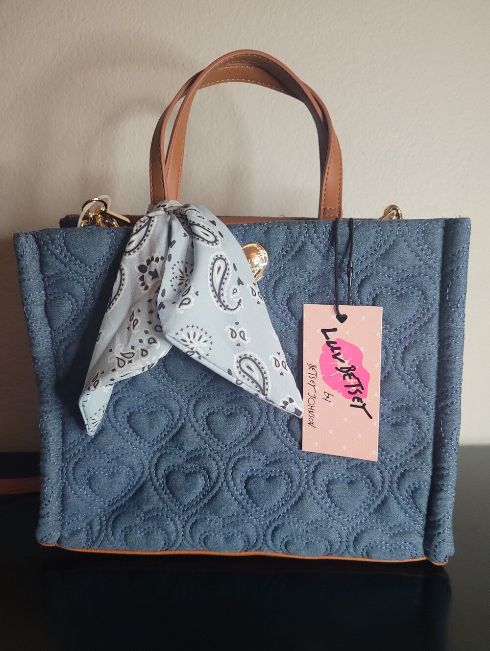 Betsey Johnson  Quilted Heart Denim Tote Bag with Bandana Accent